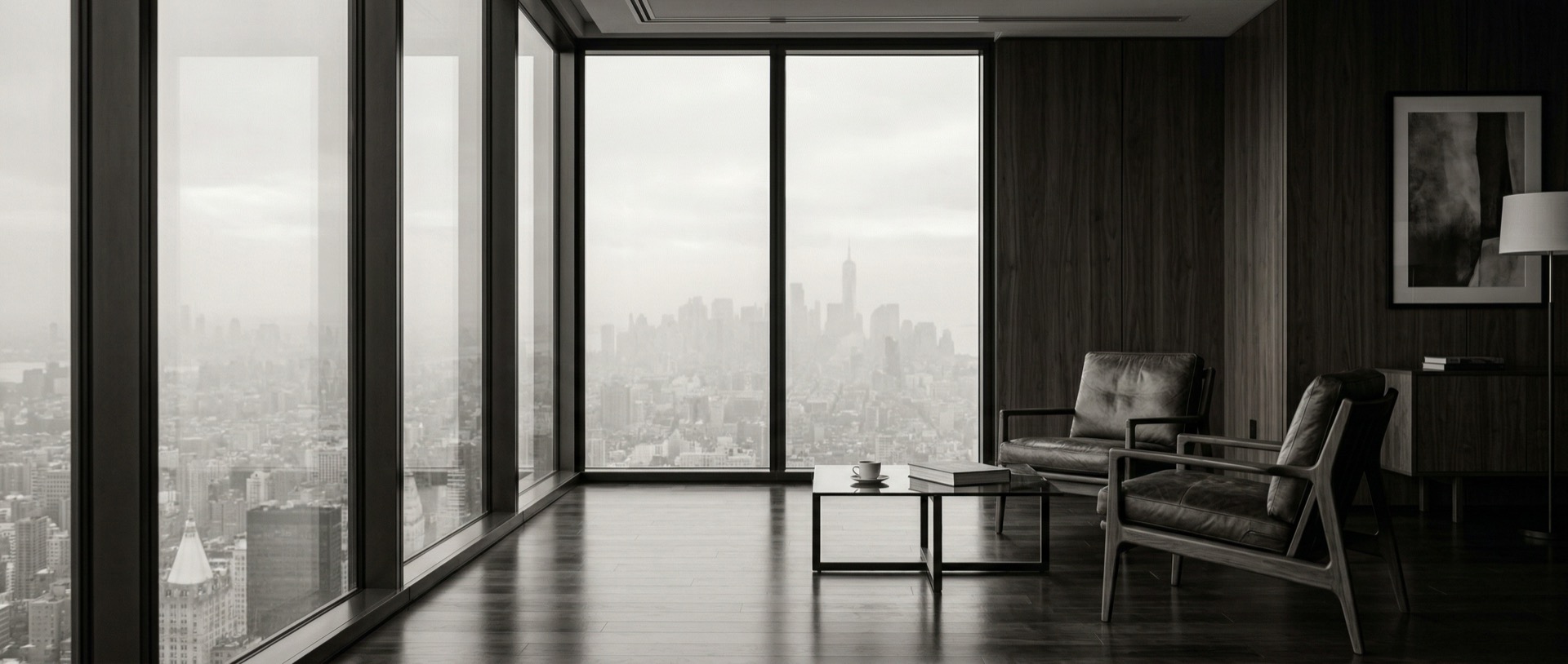 Minimalist high-end office interior with dark wood paneling, leather chairs, and large windows overlooking a foggy cityscape